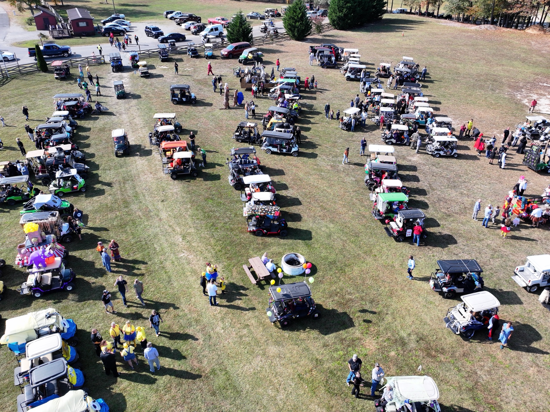 Aerial view of Halloween golf cart parade from directly above