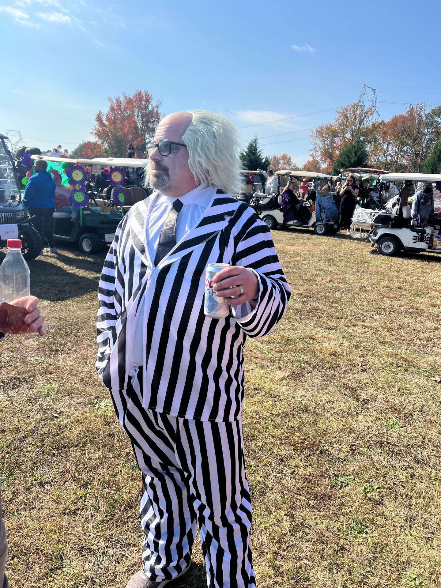 Beetlejuice costume at Halloween golf cart parade