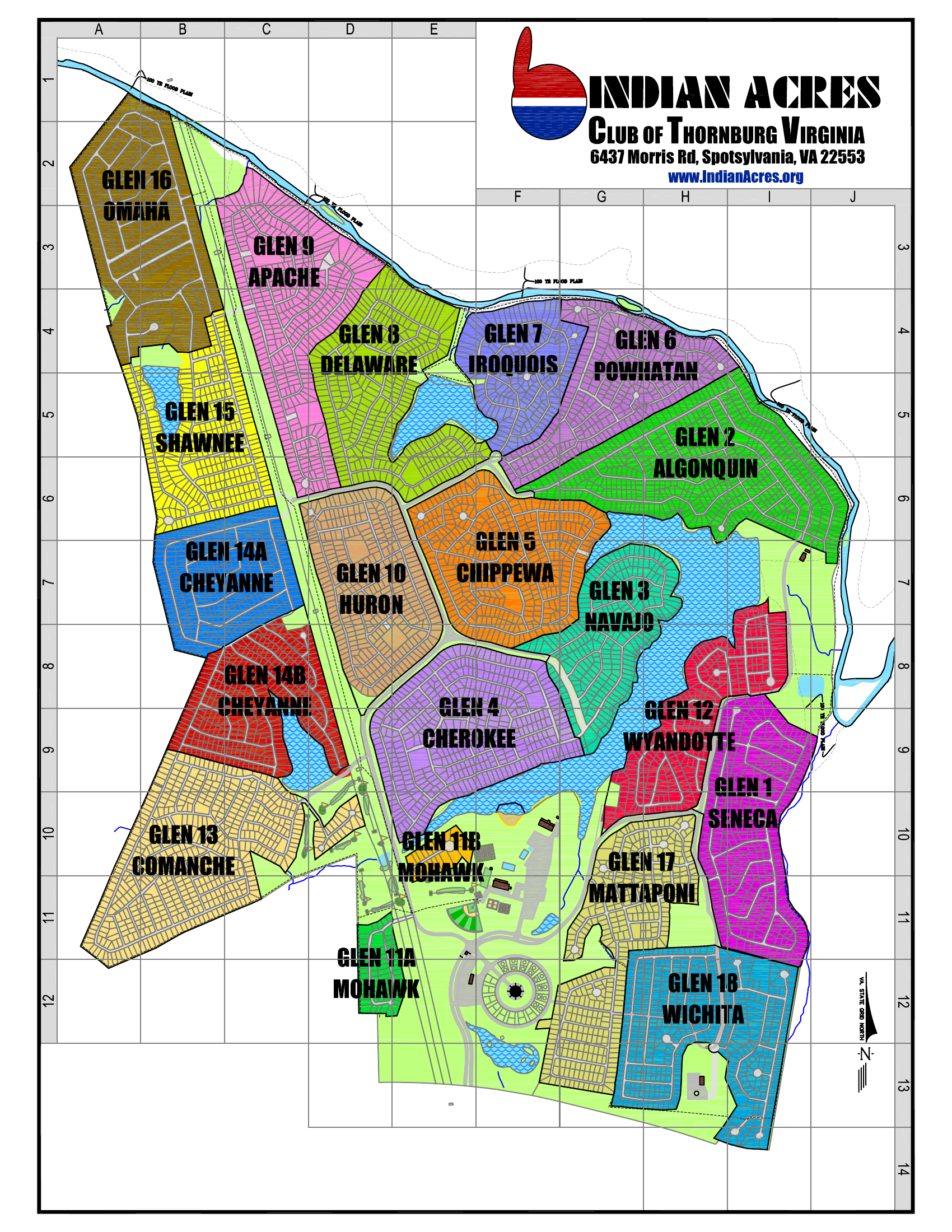Indian Acres Club of Thornburg — Color Glen Map showing all 18 sections